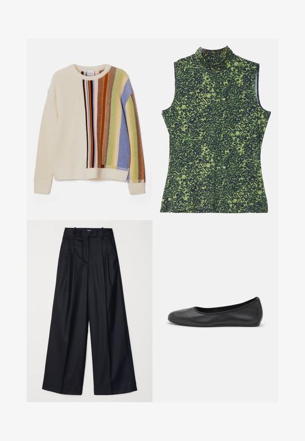 Knit sweater in cream with multi-colored vertical stripes in blue, green, brown, and red. Features a round neckline and ribbed cuffs.; Sleeveless turtleneck top in green and dark blue pattern, featuring a textured, organic design. Soft fabric with a relaxed fit.; Black wide-leg trousers made of smooth fabric, featuring a high waist, pleats, and a tailored design. Simple black hardware at the waist.; Black leather ballet flat with a rounded toe, smooth texture, minimal stitching detail, and a flexible sole design.