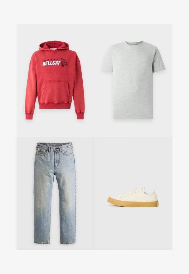 Piros pamut kapucnis pulóver elülső zsebbel. A mellkasán fehér és fekete "DODGE HELLCAT" logóval. Bordás mandzsetták és alsó szegély. Puha tapintású.; Egyszerű világosszürke, rövidujjú, kerek nyakú póló, fehér háttéren, elölnézetből, látható logók vagy minták nélkül.; Világoskék farmernadrág magas derékkal, elülső gombbal, cipzárral és öt zsebbel, sima háttérre fektetve.; Krémszínű vászon sportcipő, kerek orral, bézs gumi talppal és öt fűzőlyukkal, a felső részen texturált felülettel.