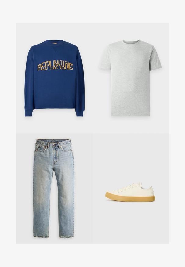 Sweatshirt de gola redonda azul-marinho com mangas compridas e texto estilizado amarelo "REPLAYINC" em destaque no peito.; T-shirt de manga curta de cor cinza claro, com decote redondo, exibido sobre um fundo branco, vista frontal, sem logótipos ou designs visíveis.; Jeans de ganga azul claro com cintura alta, fecho frontal, zipper e design de cinco bolsos, dispostos de forma plana sobre um fundo neutro.; Sapatilhas de tela em off-white com biqueira redonda, apresentando solas de borracha bege e cinco ilhós para atacadores, acabamento texturizado na parte superior.