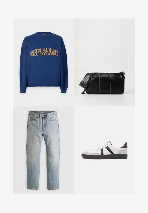 Pulover bleumarin cu guler rotund, cu mâneci lungi și text stilizat galben "REPLAYINC" pe piept.; Jeans din denim de culoare albastru deschis, cu talie înaltă, nasture frontal, fermoar și design cu cinci buzunare, așezate platesc pe un fundal neutru.; Sneaker alb cu accente negre și gri, având un capac de vârf gri texturat, talpă din cauciuc negru și șireturi plate albe. Design elegant, stil minimalist.; Geantă de umăr din piele neagră cu închidere cu fermoar, având un corp texturat, cusături albe și o curea cu ochiuri argintii.