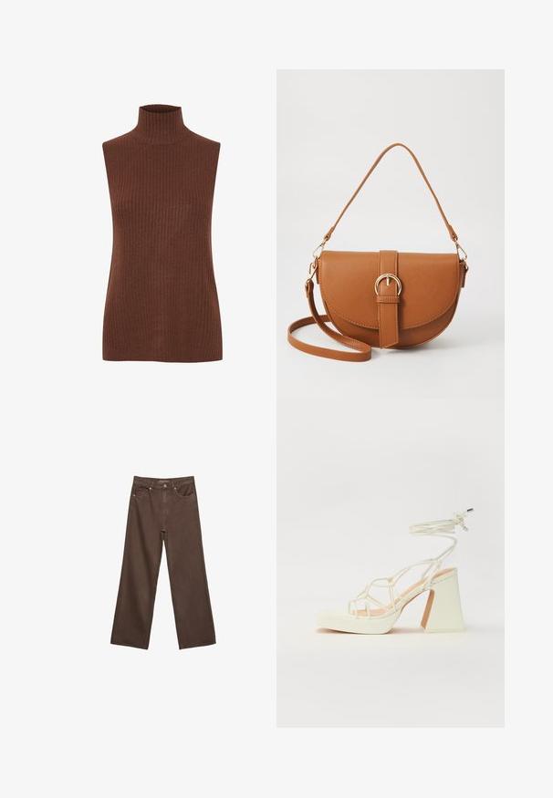Brauner, gerippter, ärmelloser Rollkragenpullover. Weiche Textur mit taillierter Silhouette und hohem Kragen. Keine sichtbaren Verschlüsse oder Verzierungen.; Weite braune Jeans aus Denim, mit hoher Taille, Fronttaschen und klassischem Knopfverschluss. Glatte Textur mit feinen Nähten.; Weiße High-Heel-Sandale mit einem klobigen Absatz, die über ein Riemchendesign und ein Knöchelband verfügt. Glatte Textur mit einer Plattform vorne für zusätzliche Höhe.; Braune Leder-Crossbody-Tasche mit geschwungener Form, goldfarbenen Beschlägen und einer Schnallenakzentuierung. Verfügt über einen abnehmbaren Schultergurt.