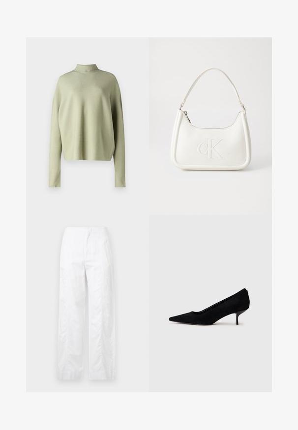 DRYKORN LIORA - Pulover - green; Pantaloni albi cu croială largă, fabricați dintr-un material ușor, având o textură netedă, linii curate și un design cu talie înaltă.; Pantofii cu toc înalt din suede negru, cu vârf ascuțit și un toc subțire, jos. Textură netedă, cu un design elegant, fără hardware vizibil.; Geantă de umăr din piele albă cu formă curbată, având un logo "CK" embosat pe partea din față și un singur braț de umăr. Închidere cu fermoar în partea de sus.