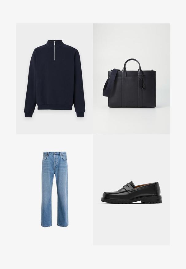 Tumedat sinine beige sweatshirt, millel on pool tõmblukk krae, soonikestega varrukad ja vöökoht. Esipoolt kaunistab tikitud tekst, valmistatud pehmest kangast.; Heledad sinine teksapüksid otse lõikega, viie taskuga, nupuga sulgemine, minimaalne kulumine ja kontrastsed õmbluse detailid.; Mustad mustad nahast kingad on varustatud tõstetud õmblusega, kahe dekoratiivse rihmaga peal, ja paksu tekstuuriga tallaga paremaks haardeks.; Tumedat mere nahkbriefcase kahekordsete ülemiste käepidemetega ja eemaldatava rihmaga. Omab tekstureeritud viimistlust, vertikaalset õmblust ja logodetaili.