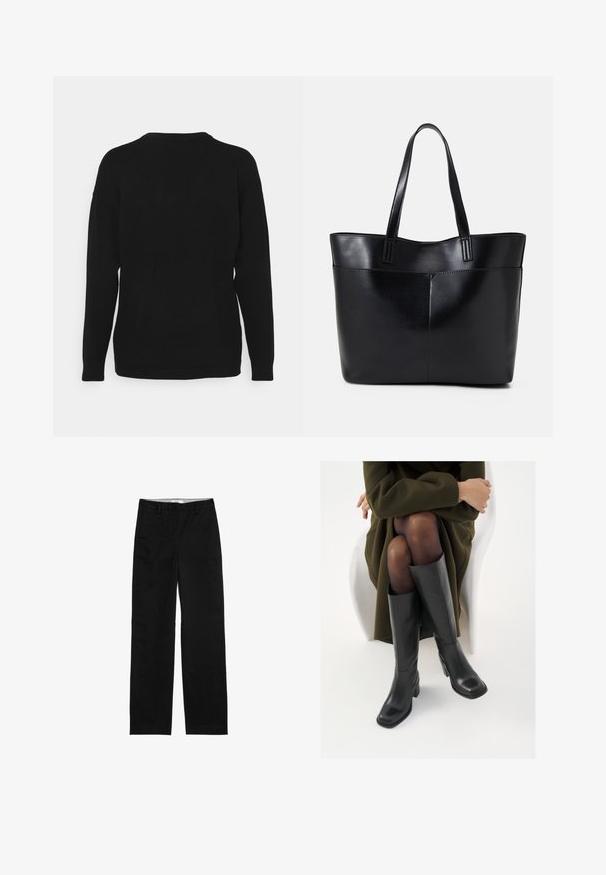 Czarny sweter z miękkiego materiału, z długimi rękawami, okrągłym dekoltem i luźnym krojem. Tył ma gładki, jednolity wzór.; Czarne spodnie wykonane z materiału, z prostymi nogawkami, szlufkami na pasek i przednimi kieszeniami, bez widocznych wzorów czy ozdób.; Kozaki skórzane do kolan w kolorze czarnym, z kwadratowym noskiem i słupkowym obcasem, pokazane na modelce siedzącej w oliwkowej zielonej kurtce. Gładka tekstura, minimalne detale.; Czarna skórzana torba na ramię z dwoma długimi uchwytami, gładką teksturą i sztywną formą. Posiada przednią kieszeń dla dodatkowego przechowywania.