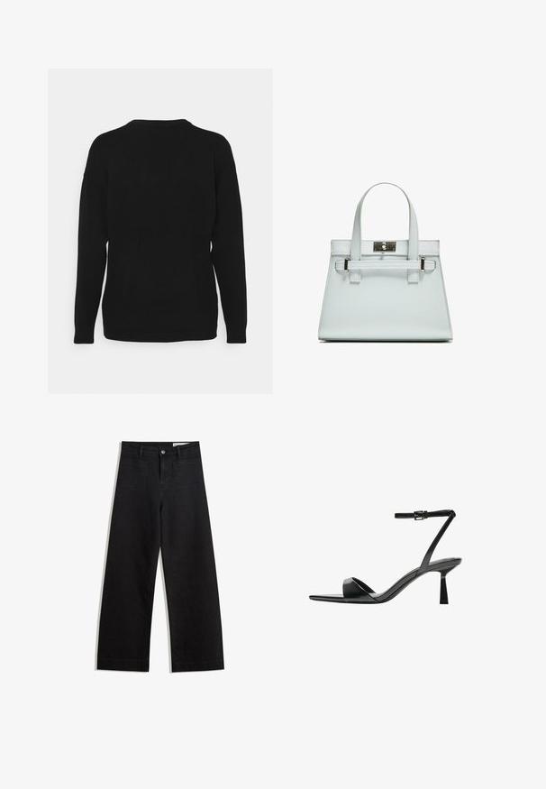 Črna pulover v mehkem materialu z dolgimi rokavi, okroglo izrezom in sproščenim krojem. Hrbtna stran ima gladko, enobarvno zasnovo.; Črne široke denim hlače z visokim pasom, ki imajo sprednje in zadnje žepe, šivane šive ter gumbasto zapiranje. Gladka tekstura.; Bershka Sandali z visoko peto - black; Svetlo modra torbica z oblikovano zasnovo, dvema ročkama in kljuko iz srebrno-toniranega materiala. Teksturni material in ostri koti.