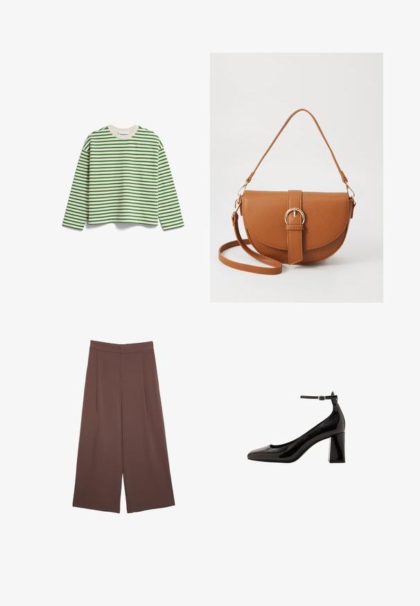 ARMEDANGELS FRANKAA STRIPE - Felpa - undyed-ivy green; Pantaloni ampi marroni con una texture liscia, caratterizzati da una vita alta e pieghe frontali. Il tessuto è leggero e scorre liberamente.; Décolleté neri in vernice con cinturino alla caviglia, finitura lucida, punta affusolata e tacco a blocco spesso. Texture liscia, dettagli minimi.; Borsa a tracolla in pelle marrone con forma curvata, hardware dorato e un dettaglio con fibbia. Presenta una tracolla rimovibile.