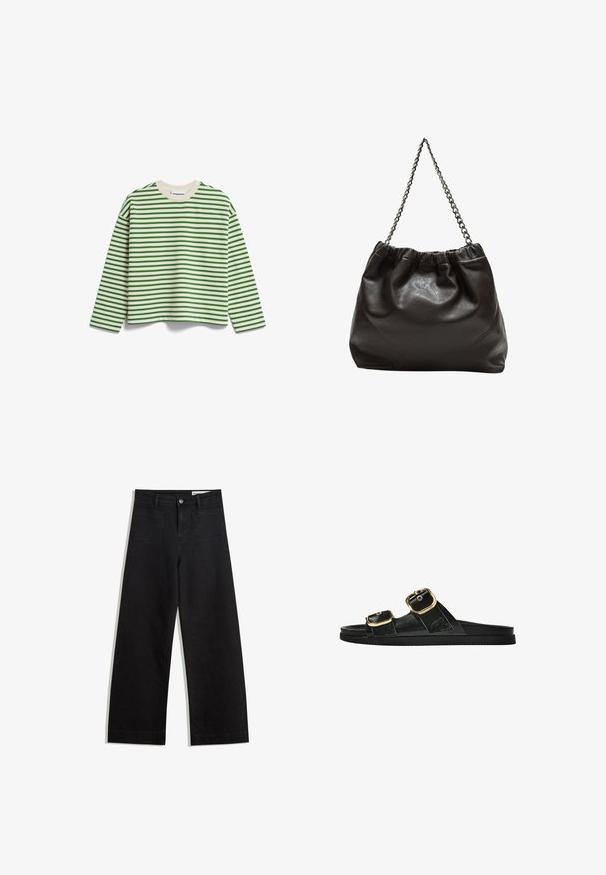 ARMEDANGELS FRANKAA STRIPE - Felpa - undyed-ivy green; Pantaloni in denim neri a gamba larga con vita alta, dotati di tasche anteriori e posteriori, cuciture a punto, e chiusura con bottone. Texture liscia.; Infradito neri con due accenti di fibbia dorata, materiale dalla texture liscia, suola piatta e design minimalista.; Borsa in pelle marrone con parte superiore arricciata e tracolla a catena. Texture liscia con finitura lucida e dettagli di cucitura sottili sui lati.