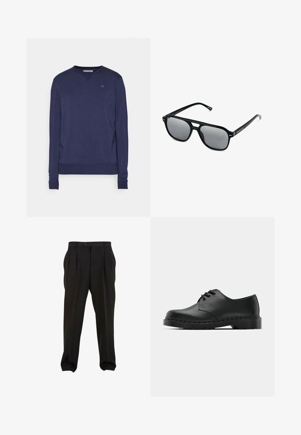 Námořnická bavlněná mikina s kulatým výstřihem, žebrovanými manžetami a spodním lemem, na hrudi má malé modré logo "CK". Hladká textura.; Černé kalhoty z hladké tkaniny, se zapínáním na tlačítko v pase, předními sklady a zúženými manžetami u kotníků. Klasický elegantní střih.; Černé kožené oxfordy s šněrováním, zakulacenou špičkou, plochou gumovou podrážkou a jemným prošíváním podél svršku.; Černé sluneční brýle s obdélníkovými rámy, šedými tónovanými skly a designem s výřezem ve střední části. Hladký, lesklý plastový materiál, s úzkými stranami.