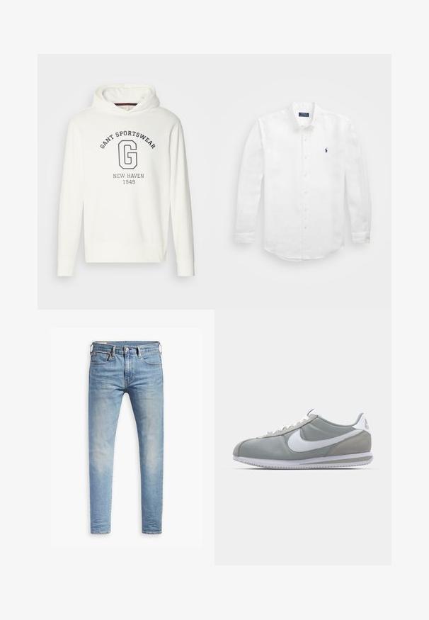 Biela mikina s kapucňou obsahujúca nápis "GANT SPORTSWEAR" a veľké logo "G" v námorníckej modrej, s rebrovanými manžetami a lemom. Hladká textúra látky.; Biela košeľa s dlhým rukávom vyrobená z bavlny, so golierom na gombíky, s malým námorníckym logom na ľavej hrudi a klasickým zapínaním na gombíky.; Svetlo modré úzke džínsy s miernym prehrdzavením na stehnách, predným gombíkovým zapínaním, pútkami na opasok a štýlom s piatimi vreckami na bielom pozadí.; Sivé športové tenisky s vrchom z semišu a textilu, bielym logom Nike a bielymi šnúrkami. Majú štruktúrovanú gumenú podrážku a polstrovaný golier.