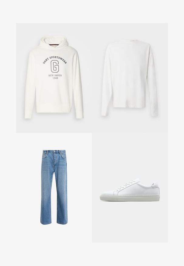 Witte hoodie met de tekst "GANT SPORTSWEAR" en een groot "G"-logo in marineblauw, met ribgebreide manchetten en zoom. Gladde stoftextuur.; Witte katoenen blouse met lange mouwen en een ronde halslijn, met zijsplitten aan de onderkant en een gladde textuur, vanuit de achterkant weergegeven.; Lichtblauwe denim jeans met een straight-leg ontwerp, vijf zakken, knoopsluiting, minimale vervaging en contrasterende stikseldetails.; Witte sneaker met een gladlederen bovenwerk en een laag profiel. Voorzien van een ronde neus, zes vetergaatjes en een gestructureerde rubberen zool.