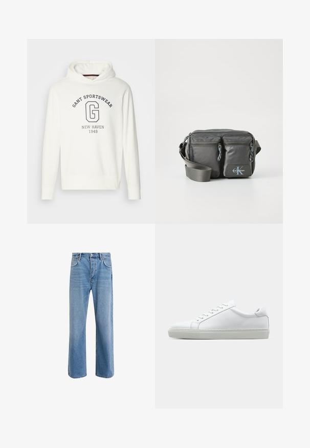 White hoodie featuring "GANT SPORTSWEAR" text and a large "G" logo in navy, with ribbed cuffs and hem. Smooth fabric texture.; Light blue denim jeans with a straight-leg design, five pockets, button closure, minimal fading, and contrasting stitching details.; White sneaker with a smooth leather upper and a low profile. Features a rounded toe, six eyelets, and a textured rubber sole.; Gray nylon crossbody bag with two zippered front pockets, adjustable strap, and logo accent. Smooth texture with a modern design.