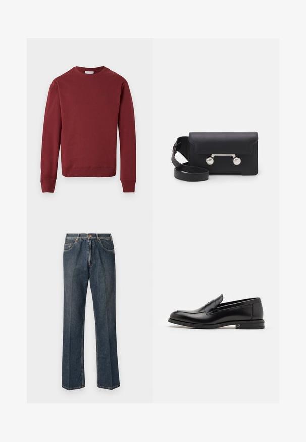 Bordová dlhá mikina s okrúhlym výstrihom a rebrovanými manžetami a lemom, s minimálnym logom na hornej ľavej strane hrudi, na bielom pozadí.; Tmavomodré rovné džínsy s predným gombíkom, zipsom, dvojitými prednými vreckami a viditeľnými vertikálnymi pukmi pozdĺž nohavíc.; Čierne kožené mokasíny s hladkou textúrou, zaoblenou špičkou a dekoračným pásikom cez priehlavok. Nízky vrstvený opätok, minimalistický dizajn.; Čierna kožená crossbody taška s klopovým uzáverom, strieborné nity a dve okrúhle ozdoby. Obsahuje odnímateľný popruh. Hladký povrch.