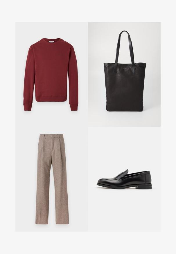 Bordo dolgi rokav crewneck pulover z ribastimi manšeti in robom, minimalno logotipno besedilo na zgornjem levem prsnem delu, postavljeno na belo ozadje.; Rjave hlače z visokim pasom, izdelane iz teksturirane tkanine. Imajo široke noge in dve sprednji pregibi za strukturo. Urejen zaključek brez vidne strojne opreme.; Črne usnjene loafer čevlje z gladko teksturo, zaobljenim nosom in dekorativnim trakom čez zgornji del. Nizka zložena peta, minimalističen dizajn.; Črna platnena torba s črnimi usnjenimi ročaji. Preprost dizajn, prostorna notranjost in gladka tekstura. Brez vidnih logotipov ali vzorcev.