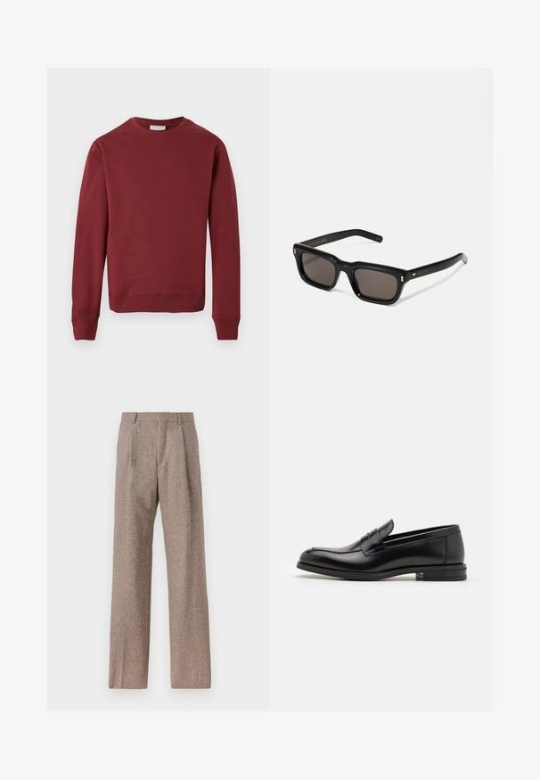 Felpa a maniche lunghe di colore bordeaux, con collo a giro e polsini e orlo a coste, con un logo testuale minimale sul lato sinistro del petto, su uno sfondo bianco.; Pantaloni marroni a vita alta realizzati in tessuto testurizzato. Presentano gambe ampie e due pieghe frontali per struttura. Rifinitura curata senza hardware visibile.; Mocassini neri in pelle con una texture liscia, punta arrotondata e una striscia decorativa sulla tomaia. Tacco basso impilato, design minimalista.; Occhiali da sole neri rettangolari con lenti scure, montatura spessa in plastica, dettagli dorati sulle tempie e logo del marchio inciso sull'asta.