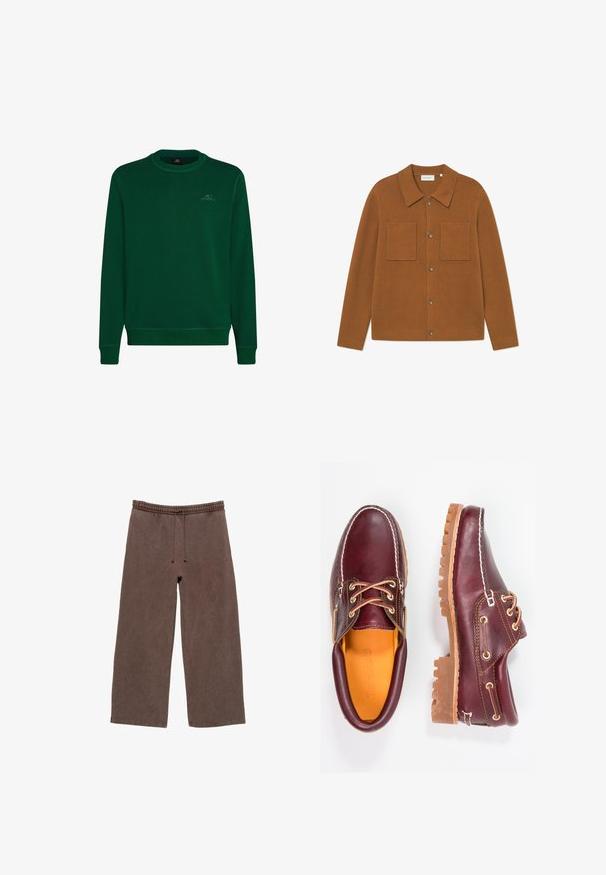 Green sweatshirt made of soft fabric, features a crew neckline, long sleeves, ribbed cuffs, and a small O'Neill logo on the chest.; Brown ribbed cardigan with a collared neckline, two chest pockets, and button closures down the front. Soft texture with a relaxed fit.; Brown cotton sweatpants with an elastic waistband, adjustable drawstring, wide legs, and minimal stitching detail.; Burgundy leather shoes with brown rubber soles, round toe, white stitching, and gold eyelets. Interior features a yellow lining.