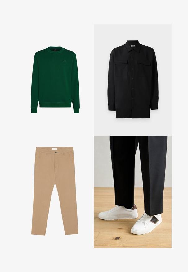 Žalias megztinis iš minkštos medžiagos, turi apvalią iškirptę, ilgomis rankovėmis, įrengtos guminės apykaklės ir mažas O'Neill logotipas ant krūtinės.; Juodas marškinis su mygtukais, pagamintas iš lygaus audinio, turi klasikinius apykaklės, du priekiniai kišeniai ir ilgus rankovės su mygtukais.; Chaki chinos, pagaminti iš medvilnės mišinio, su lygia priekiu, dviem šoninėms kišenėms ir viena nugarine kišene. Lengvas audinys su lygia tekstūra.; Balti sportbačiai su glotnia danga, puošti rudais odiniais akcentais ir juodais detalėmis, derinami su juodais pritaikytais kelnėmis. Medinių grindų fonas.