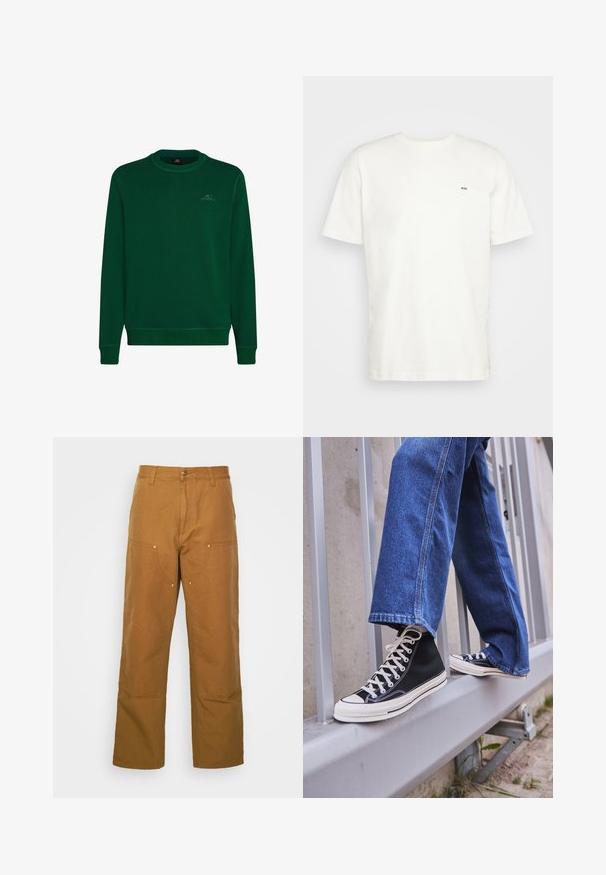 Grüner Pullover aus weichem Material, mit Rundhalsausschnitt, langen Ärmeln, gerippten Bündchen und einem kleinen O'Neill-Logo auf der Brust.; Weißes Baumwoll-T-Shirt mit Rundhalsausschnitt, kurzen Ärmeln und kleinem schwarzen "W.W."-Logo auf der linken Brust. Glatte Textur, normale Passform.; Braune Baumwoll-Arbeitshosen mit geradem Bein, die über Vordertaschen und Metallakzente für zusätzliche Strapazierfähigkeit verfügen.; Schwarze High-Top-Sneaker mit weißer Sohle und Schnürsenkeln, kombiniert mit lockeren blauen Jeans, die auf einem grauen Geländer ruhen.