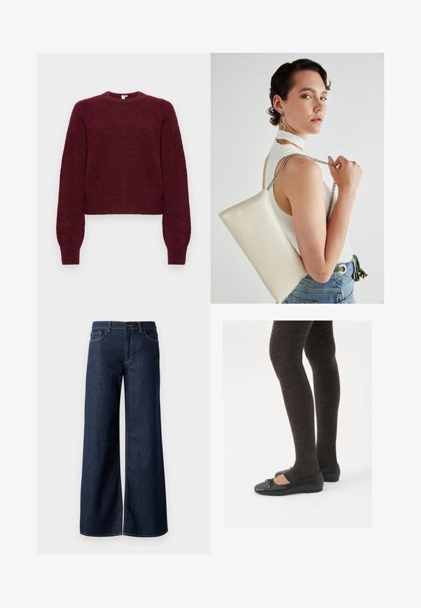 Burgundijas vilnas maisījuma pusmugursvārku džemperis ar garām piedurknēm un ribotām aprocēm un apakšmalu.; Platas kājas džinsi tumši zilā denima krāsā. Iespējas ir kontrastējošās vīles, piecas kabatas un pogu aizdare jostasvietā. Gluda tekstūra.; Melnas plakano formas kurpes ar mazu loku uz pirksta, apvienotas ar tumši brūnām ribotām zeķubiksēm. Kurpēm ir gluda tekstūra un zems profils.; Balts taisnstūra clutch soma, izgatavota no spīdīga materiāla, ar sudraba ķēdes siksnu. Modelis pozē, demonstrējot somu uz vienkārša fona.
