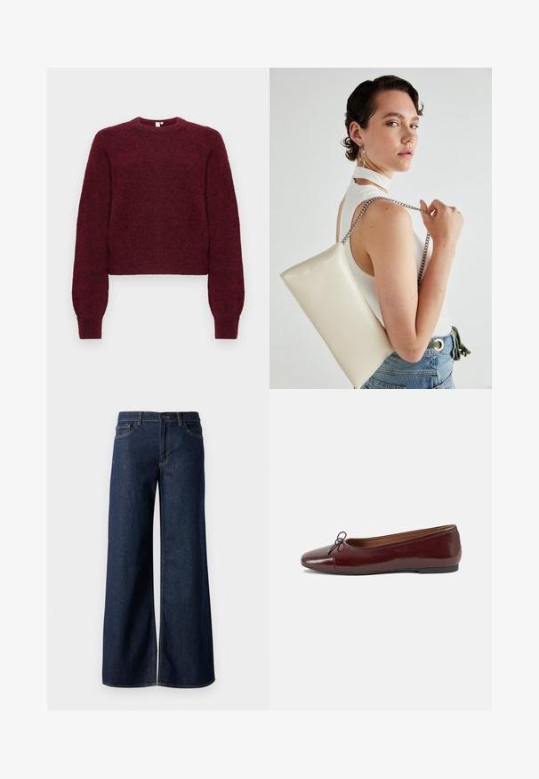 Suéter de malha de lã bordeaux com decote redondo, mangas longas e punhos e barra canelados.; Jeans de perna larga em denim azul escuro. Apresenta costura em contraste, cinco bolsos e um fecho de botão na cintura. Textura lisa.; Bailarinas em couro sintético borgonha com bico redondo, pequeno laço na frente e sola baixa em borracha preta. Textura suave.; Bolsa de mão retangular branca, feita de material brilhante, com uma alça em corrente prateada. Modelo posa, exibindo a bolsa contra um fundo simples.