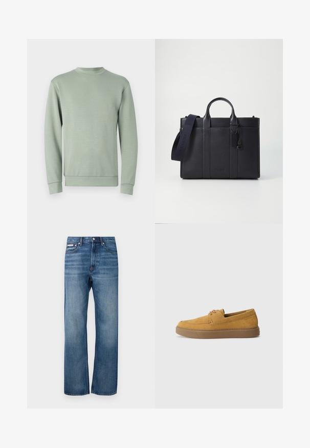 Sweater verde claro, com decote redondo, mangas longas, punhos e bainha canelados, textura suave, design minimalista, sem padrões ou acentos visíveis.; Jeans de ganga azul, de perna reta, com ligeira descoloração, fecho frontal com botão e uma pequena etiqueta com logotipo no bolso frontal direito.; Sapatos slip-on em camurça castanha com um acabamento texturizado, bico redondo e sola de borracha em contraste. Apresenta uma marcação discreta próximo ao calcanhar.; Pasta de couro azul-marinho escura com alças superiores duplas e uma alça destacável. Apresenta um acabamento texturizado, costura vertical e detalhe do logotipo.