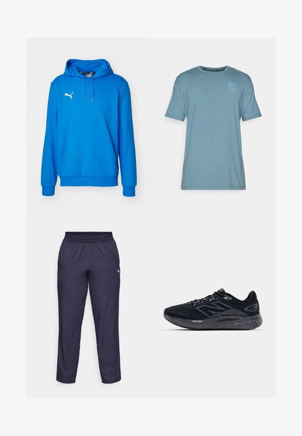 Sweatshirt azul com capuz em tecido macio, apresentando um logo branco da Puma no peito, bolso frontal e punhos e bainha canelados.; Under Armour CANT HOOP - T-shirt estampada - jasper blue/ash blue; Calças de atletismo de cor navy feitas de tecido leve, apresentando um cós elástico e um pequeno logótipo branco no lado esquerdo. Textura suave.; Ténis de corrida masculinos em malha preta com uma sola cinza espessa, textura circular e detalhes refletivos. Apresenta o logótipo "New Balance" de um lado.