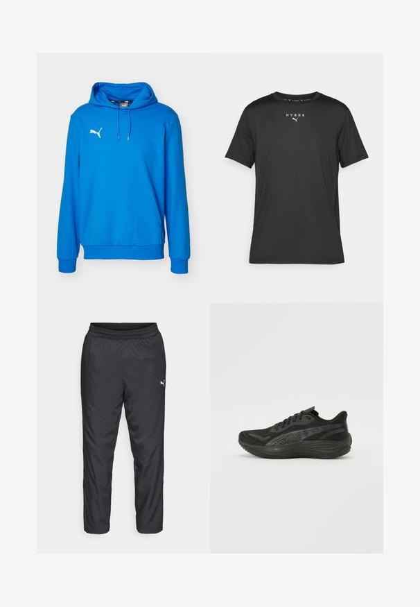 Modra kapuca majica iz mehkega blaga, z belim logotipom Puma na prsih, sprednjim žepom in rebrastimi manšeti ter robom.; Črna športna majica s kratkimi rokavi iz lahkega materiala. Ima okroglo izreznico in potiskano "HYROX" logo ter emblem Puma na sprednji strani.; Črne športne hlače iz gladkega, lahkega materiala. Imajo elastičen pas in mali bel logotip na levi strani.; Črne atletske čevlje z mrežasto zgornjim delom, ravnimi vezalkami in oblazinjeno podplat, ki ima subtilne odsevne akcentne.