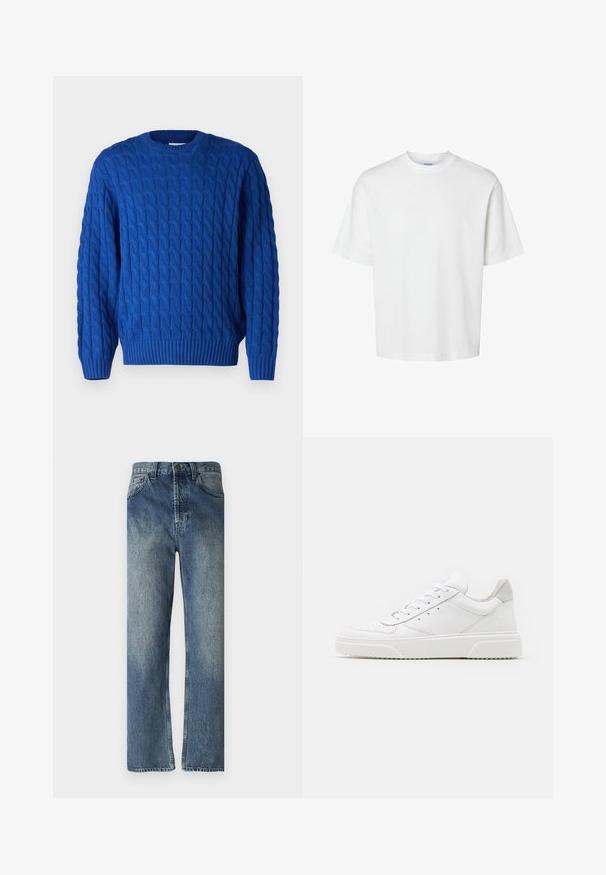 Kábeltűzött kék pulóver kerek nyakkivágással, bordás mandzsettákkal és szegéllyel, valamint texturált mintával az anyagban.; Fehér pamut póló rövid ujjakkal, kerek nyakkivágással és laza szabással. Simább textúra, látható minták vagy kiegészítők nélkül.; Kék farmernadrág egyenesen szabott lábbal, elhasználódott mosással, övhurkokkal, elülső zsebekkel és egy hátsó zsebbel.; Fehér bőr sportcipő sima felülettel, kerek orral, lapos fűzőkkel és textúrált talppal. Szürke velúr díszítés a saroknál.