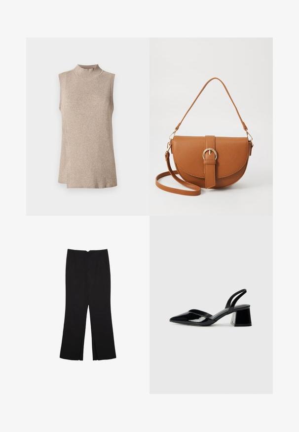 Haut sans manches beige avec un col montant côtelé, présentant un motif tricoté texturé et un ourlet asymétrique, idéal pour les superpositions.; Pantalon noir avec une coupe droite, doté de poches avant et d'éclairs sur l'ourlet. Fabriqué en tissu doux et lisse. Convient à diverses occasions.; Escarpins en cuir verni noir avec bout pointu et talon bloc géométrique. Présente un design élégant et minimaliste ainsi qu'une texture lisse.; Sac bandoulière en cuir marron avec une forme incurvée, quincaillerie dorée et un accent en boucle. Comprend une bandoulière détachable.