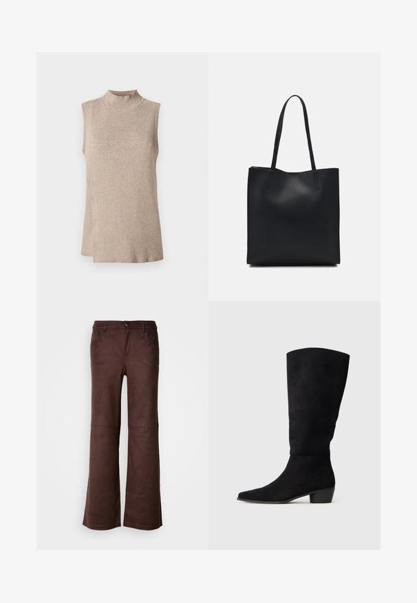 Beige mouwloze top met een hoge ribgebreide kraag, voorzien van een textuur breisel patroon en een asymmetrische zoom, geschikt voor het laagjes dragen.; Bruine flared pants van een zachte, suede-achtige stof. Beschikt over vier zakken, een knoopsluiting en een gladde, gestructureerde oppervlakte.; Zwarte suede kniehoge laars met een lage blokhak en een spitse neus, weergegeven in zijaanzicht op een effen lichtgrijze achtergrond.; Zwarte leren handtas met een gladde textuur, rechthoekige vorm en twee lange handvaten. Geen zichtbare hardware of versieringen.