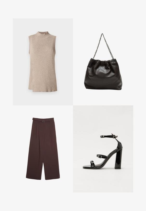 Beige ärmelloses Oberteil mit hohem Rippkragen, das ein strukturiertes Strickmuster und einen asymmetrischen Saum aufweist, ideal zum Schichten.; Stradivarius WIDE-LEG WITH BUCKLE DETAIL - Stoffhose - dark brown; Schwarze patentierte Sandalen mit Absatz, quadratischer Spitze, Knöchelriemen und silbernen Schnallen. Mit einem stabilen Blockabsatz für mehr Stabilität.; Braune Lederhandtasche mit gerafftem Oberteil und Kettenriemen. Glatte Textur mit glänzendem Finish und subtilen Nahtdetails an den Seiten.