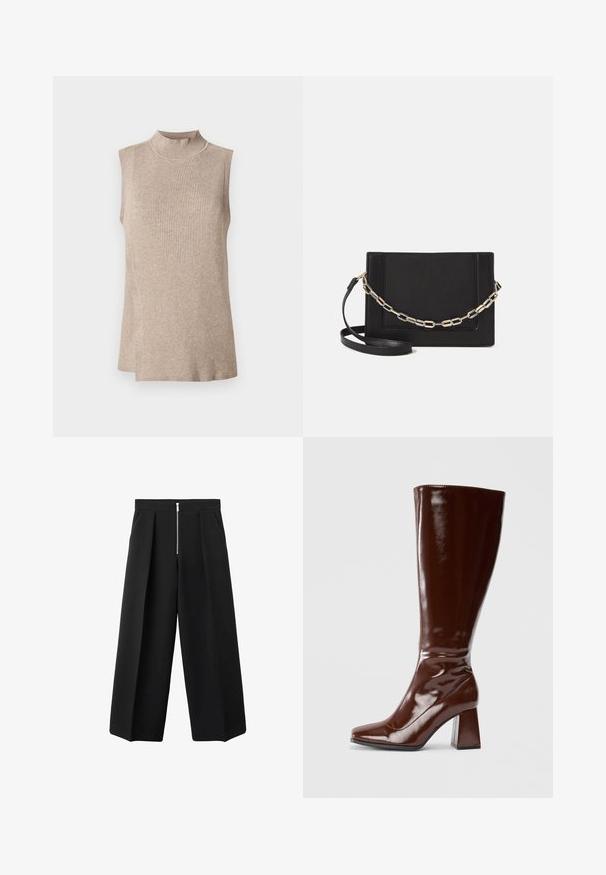 Beżowy bezrękawnik z wysokim, ribbowanym kołnierzem, charakteryzujący się teksturowanym wzorem dzianiny i asymetrycznym dołem, idealny do warstwowego ubierania.; Czarne spodnie o szerokich nogawkach z fałdami z przodu i widocznym srebrnym zamkiem błyskawicznym w talii, płaski przód i boczne kieszenie.; Brązowe, lakierowane botki do kolan z kwadratowym noskiem, błyszczącym wykończeniem i masywnym obcasem dla lepszej stabilności. Bezszwowy design bez widocznych detali.; Czarna skórzana torebka typu crossbody z gładką teksturą, prostokątnym kształtem oraz metalowym detalem w postaci łańcuszka z przodu. W zestawie regulowany pasek.