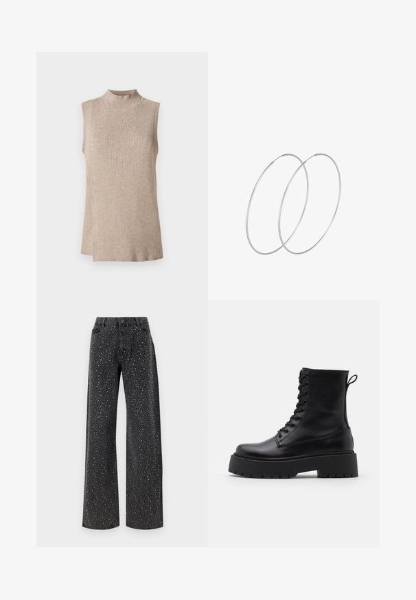 Beige ilman hihoja oleva paita, jossa on korkea ribbikolla, siinä on teksturoitu neulekuvio ja epäsymmetrinen helma, joka sopii kerroksiksi.; Noisy May NMJANNEL LOOSE - Relaxed fit -farkut - black denim; Musta nahkainen nilkkureita, joissa on pyöreä kärki, nauhakiinnitys edessä ja paksu kumipohja, jossa on teksturoitu pinta. Takana vetotappi.; Hopehope hopeilla, joissa on minimalistinen muotoilu. Pyöreä muoto, sileä pinta ja ohut profiili. Kevyet ja kiillotetut.