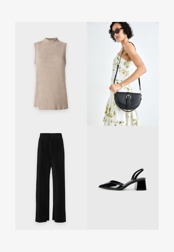 Beige ärmelloses Oberteil mit hohem Rippkragen, das ein strukturiertes Strickmuster und einen asymmetrischen Saum aufweist, ideal zum Schichten.; Schwarze plissierte Hose mit elastischem Bund. Verfügt über weite Hosenbeine und einen glatten, strukturierten Stoff mit vertikalen Streifen.; Schwarze Lackleder-Slingback-High Heels mit spitzem Schuh und einem geometrischen Blockabsatz. Verfügt über ein schlankes, minimalistisches Design und eine glatte Textur.; Schwarze Lederhandtasche mit geschwungener Form, abnehmbarem Tragegurt und goldenen Beschlägen. Die Tasche verfügt über einen Deckel mit einer Schnallen-Details.