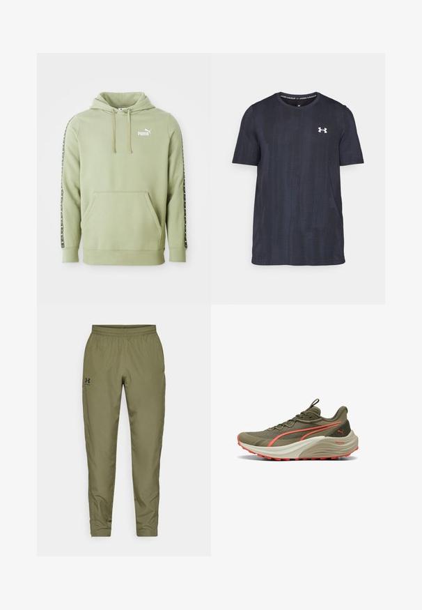 Gaiši zaļš Puma kapuce ar priekšējo kabatu, logo krūšu daļā, šņorējamu kapuci un ar brendu svītrām uz piedurknēm.; Tumši jūras zila īsām piedurknēm t-krekls, izgatavots no elpojoša auduma, ar struktūru rakstu un baltu Under Armour logotipu uz krūškurvja.; Olive zaļi sporta bikses ar elastīgu jostu, sašaurinātiem gurniem, gludu tekstūru un mazu melnu logotipu kreisajā pusē.; Olīvu zaļas skriešanas apavi ar teksturētu virsu, korallkrāsas akcentiem un biezu baltu starpposmu. Iespējo izturīgu gumijas zoli saķerei.