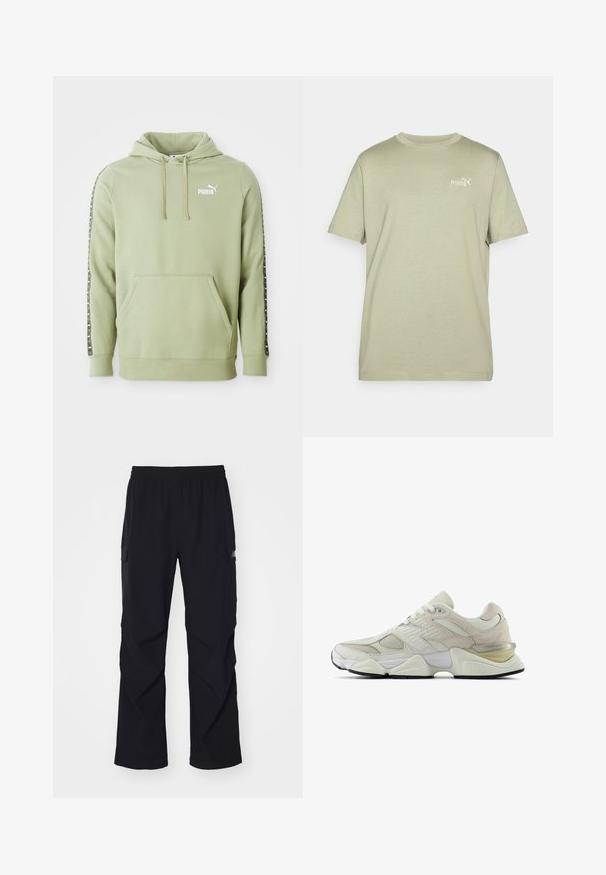 Vaaleanvihreä Puma-huppari, jossa on etutasku, logo rinnassa, naruhuppu ja brändätyt raidat hihoissa.; Oliivinvihreä t-paita, jossa on pyöreä kaula-aukko ja lyhyet hihat. Rinnassa on pieni valkoinen Puma-logo. Valmistettu pehmeästä, kevyestä kankaasta.; Mustat cargo-housut, jotka on valmistettu kevyestä materiaalista. Niissä on joustava vyötärö, sivutaskut ja suorat lahkeet.; Valkoiset lenkkarit, joissa on verkkokangas- ja mokkanahkapinta, pyöristetty kärki ja pehmustettu kaulus. Varustettu heijastavilla yksityiskohdilla ja paksulla, teksturoidulla pohjalla.