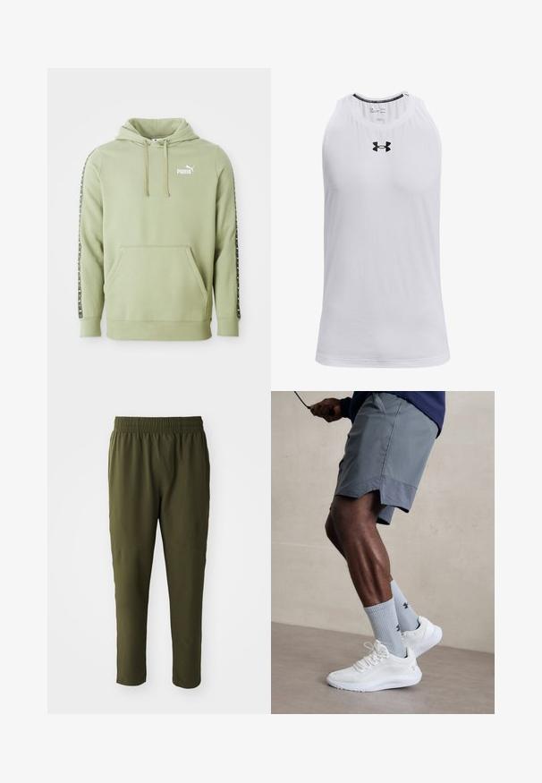 Ljusgrön Puma-hoodie med framficka, logotyp på bröstet, dragsko vid huven och märkesstripe-accenter längs ärmarna.; Vit ärmlös linne i mjukt tyg, med rund halsringning och en svart Under Armour-logotyp på bröstet.; Olivgröna byxor i ett slätt, lätt material. Har en elastisk midjeband och avsmalnande ben med sydda detaljer.; Vita atletiska skor med texturerad meshöverdela, kombinerat med ljusblå räfflade strumpor med en logotyp. Grå atletiska shorts med perforerad kant.
