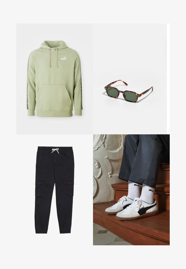 Svetlo zelena Puma kapuca s prednjim žepom, logotipom na prsima, kapuljačom s ušicama za podešavanje, te branded trakama niz rukave.; Črne cargo hlače iz bombaža, z elastičnim pasom in vrvico, stranskimi žepi ter zoženimi manšeti.; Puma superge v beli in črni usnjeni izvedbi, sročene s rjavim gumijastim podplatom. Usklajene z belimi nogavicami z črnim logotipom, nosijo se s temnimi hlačami.; Očalna okvir iz želvje školjke z zelenimi lečami, ki ima osemkotno obliko in tanke, zakrivljene ročke. Material ima sijajno površino.