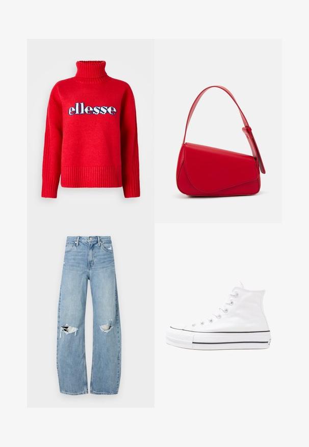 Crvena pleta svijetlica sa visokim rebrastim ovratnikom. Ima horizontalno rebrasto pletivo na pojasu i manžetama. Logo "ellesse" je istaknut u plavoj i bijeloj boji.; Svijetloplave, visoko-strukirane traperice. Imaju široke nogavice, dva razderana područja na koljenima i klasičan stil s pet džepova.; Bijela visoka platnena tenisica s crnom gumenom potplatom, prednjim gumenim zaštitnikom prstiju i šest rupa za vezanje, s čistim, minimalističkim dizajnom.; Crvena kožna torba s kutnim, geometrijskim dizajnom. Ima jedan podesivi remen i preklopni zatvarač sa šivenim detaljima.