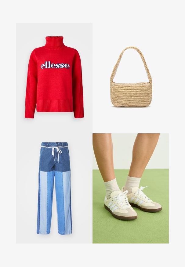 Sarkans adīts džemperis ar augstu ribotu apkakli. Tam ir horizontālas ribas apmali un piedurkņu galiem. "ellesse" logo ir redzams izteiksmīgi ziltā un baltā krāsā.; Zilā džinsa bikses ar pārlikuma dizainu, kas sastāv no dažādiem zilās krāsas toņiem, ar auklu jostu un brīvām, taisnām kājām.; Samba skriešanas apavi ar krēmkrāsas un bēša krāsu shēmu, kas aprīkoti ar trim gaiši ziliem svītrām, baltajām auklām un brūnajiem gumijas zole.; Aizsietu salmu somiņa gaiši bežā krāsā, ar gludu auduma oderi, ar rāvējslēdzēju un noapaļotu siksnu vieglai nēsāšanai.
