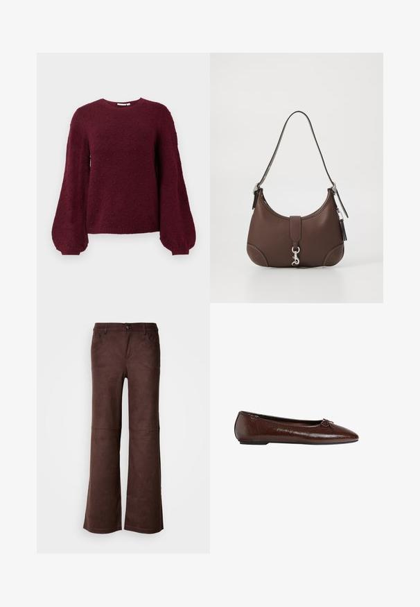 Burgundska pletena jopica s teksturiranim bobble vzorcem, okroglo izrezom in balonskimi rokavi z rebrastimi manšetami.; Rjave širše hlače iz mehkega, suedenemu podobnega materiala. Imajo štiri žepe, zapiranje s gumbom in gladko, teksturirano površino.; Rjave usnjene balerinke z gladko teksturo, koničastim nožnim prstom in naglavnim poudarkom s pentljo spredaj, ki imajo nizek črn gumijast podplat.; Rjava usnjena torbica za roke z zaobljeno obliko, srebrnimi dodatki in okrasnim šivanjem. Ima naramnico in zaponko za zapiranje.