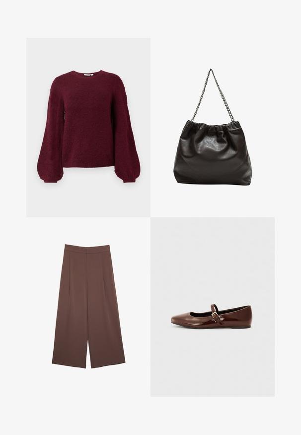 Bordeaux gestrickter Pullover mit strukturiertem Bobbelmuster, rundem Halsausschnitt und Ballonärmeln mit gerippten Bündchen.; Braune Weite-Leg-Hosen mit einer glatten Textur, hoher Taille und Vorderfalten. Der Stoff ist leicht und fällt locker.; Braune Lackleder-Ballerinas mit quadratischer Zehenform und Riemen mit einer kleinen goldenen Schnalle. Glatte Textur, niedriger Absatz und minimalistisches Design.; Braune Lederhandtasche mit gerafftem Oberteil und Kettenriemen. Glatte Textur mit glänzendem Finish und subtilen Nahtdetails an den Seiten.