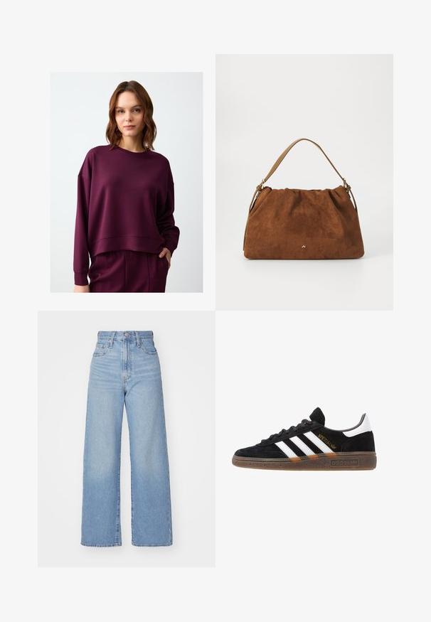 Bordeaux cropped sweatshirt met lange mouwen, ronde halslijn en geribde manchetten. Zachte, gestructureerde stof en een ontspannen pasvorm.; Lichtblauwe high-waist wijde jeans met een knoop- en ritssluiting aan de voorkant, voor- en achterzakken, op een witte achtergrond.; Zwarte Adidas sneaker met witte strepen, gouden "Spezial" tekst, gumzool en witte hieltab, weergegeven in zijaanzicht.; Bruine suède handtas met een geplooid ontwerp, voorzien van een enkele tan kleur leren schouderband en een subtiele gouden logo-detail aan de voorkant.