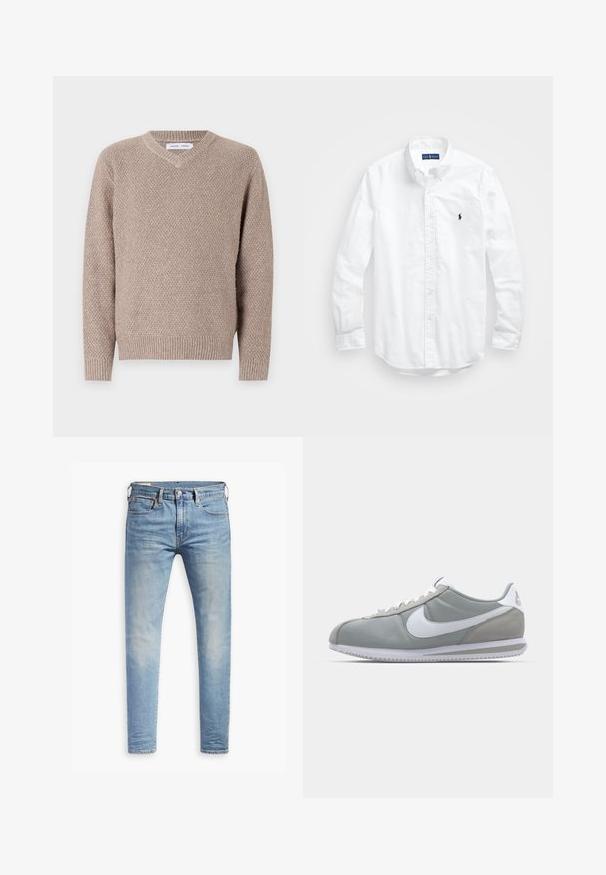 Beige gebreide trui met een V-hals, voorzien van een gestructureerd patroon en geribde manchetten en zoom. Gemaakt van een zachte, warme stof.; Witte lange mouwen overhemd van katoen. Voorzien van een klassiek kraag, knopenmanchetten en een klein marineblauw geborduurd logo op de borst.; Lichtblauwe slim-fit jeans met een lichte vervaging op de dijen, knoopsluiting aan de voorkant, riemlussen en vijf-pocket styling op een witte achtergrond.; Grijze sportschoen met een bovenwerk van suede en textiel, witte Nike swoosh en witte veters. Heeft een gestructureerde rubberen zool en een gevoerde schacht.
