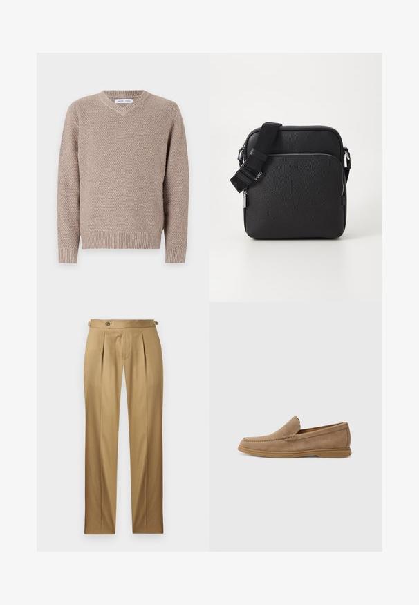 Beige strikkegenser med V-hals, med et teksturert mønster og ribbede mansjetter og kant. Laget av et mykt, varmt materiale.; Beige bukser med rett passform, med folder, knappestenging og beltehemper. Glatt stoff med et rent, skreddersydd utseende.; Brune semskede slip-on loafers med en glat tekstur og stikninger; har en gummisål for trækkraft.; Svart lær crossover-bag med teksturert overflate, har en frontlomme med glidelås, justerbar stropp og metalliske detaljer.