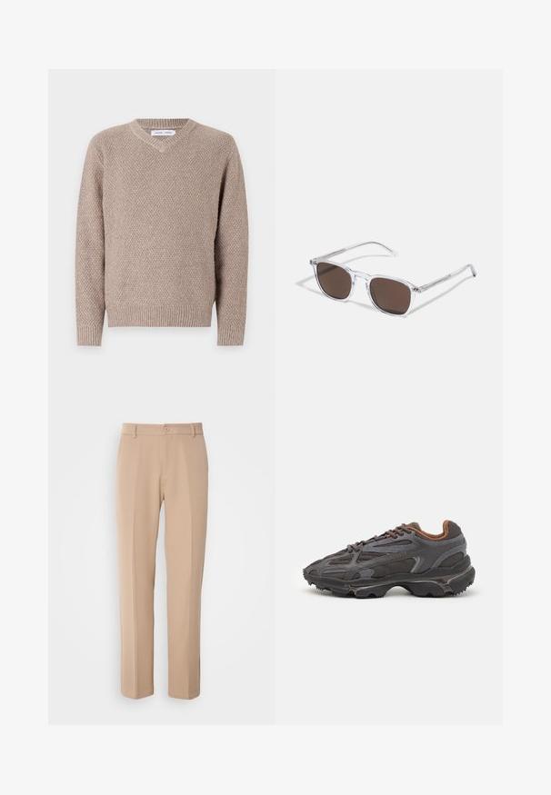 Bežs adīts džemperis ar V-izgriezumu, ar rakstainu tekstūru un ribotām piedurknēm un apakšmalu. Izgatavots no mīksta, siltā materiāla.; Bēgi bikses, kas izgatavotas no gludas auduma, ar taisnu kāju dizainu, priekšējo pogu aizdari un smalkiem krokām gar priekšpusi.; Lacoste kedas tumši pelēkā krāsā ar acu audumu un sintētisko materiālu, ar teksturētu zoli un brūniem akcentiem apkaklītē un zīmola uzrakstā.; Skaidras plastmasas saulesbrilles ar taisnstūra formas brūnajiem objekīviem, ar plānām, caurspīdīgām kājām un metāla akcentiem uz tempļiem.