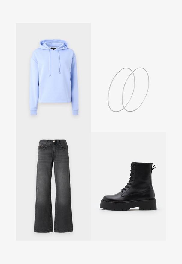 Ljusblå huvtröja med avslappnad passform, dragsko i huvan, ribbade ärmslut och en mjuk, slät yta.; Breda jeans i mörkgrå denim. Utan ett par fickor, knappstängning och subtila blekningar på tyget. Klassiska sömnadsdetaljer.; Svarta läderankelboots med rund tå, snörning framtill och en tjock gummisula med strukturerat mönster. Dragflik bak.; Silverfärgade hoopörhängen med en minimalistisk design. Cirkulär form, slät yta och tunn profil. Lätta med en polerad finish.