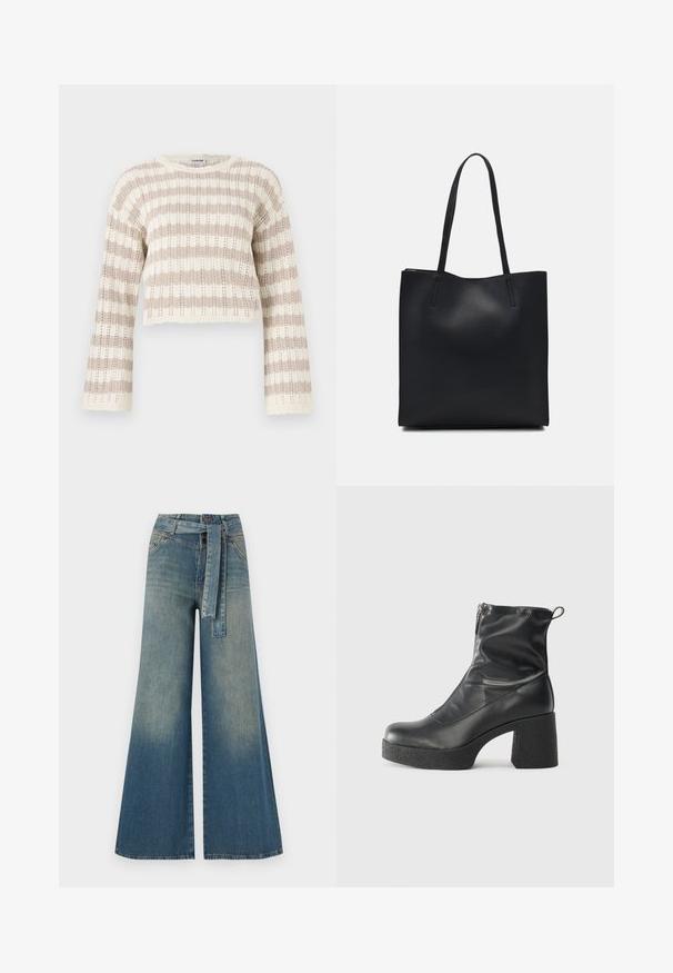 Kvačkana pulover iz bež in kremne barve, z širokimi rokavi, horizontalnimi črtami in skrajšanim dizajnom s valovitimi robovi.; Široke jeans hlače z gradientom od svetlo do temno modre, visokim pasom, zankami za pas in pasom iz istega materiala. Tekstura denim končnica.; Črne gležnjarje iz gladke kože z božnim zadrgo, masivnim teksturiranim peto in zaobljeno obliko prstov.; Črna usnjena torba s svilnato teksturo, pravokotne oblike in dvema dolgima ročajema. Brez vidnih metalnih delov ali okrasnih elementov.