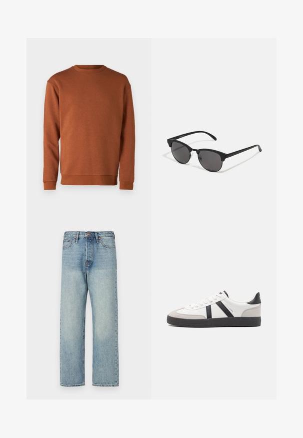 Jack & Jones JJEBRADLEY CREW - Mikina - mocha bisque; Světle modré džíny z denimu se střihem rovné nohavice, pěti kapsami a bronzovými prvky. Minimální vyblednutí s čistým dokončením.; Bílé tenisky s černými a šedými akcenty, opatřené texturovaným šedým prstovým krytem, černou gumovou podrážkou a plochými bílými tkaničkami. Čistý design, minimalistický styl.; Černé sluneční brýle s kulatými skly, matným povrchem a charakteristickým tvarovým kočičím okem. Úzké nožičky s nenápadným logem na levém rámu.