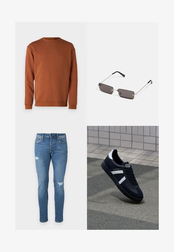 Jack & Jones JJEBRADLEY CREW - Ikdienas džemperis - mocha bisque; Izbalējuši zili džinsi ar šauru piegriezumu, kas iekļauj izsistās zonas pie ceļgaliem, pogas aizdari un piecu kabatu dizainu.; Melnā ādas sporta apavi ar baltām svītrām, teksturēta gumijas zole un auklu aizdare. Iekļauj zīmola etiķeti uz mēles.; Saulesbrilles ar taisnstūra formas, tumši pelēkiem stikliem, sudraba metāla rāmjiem un melnām plastikāta galviņām uz kājiņām. Viegls dizains ar deguna spilventiņiem.