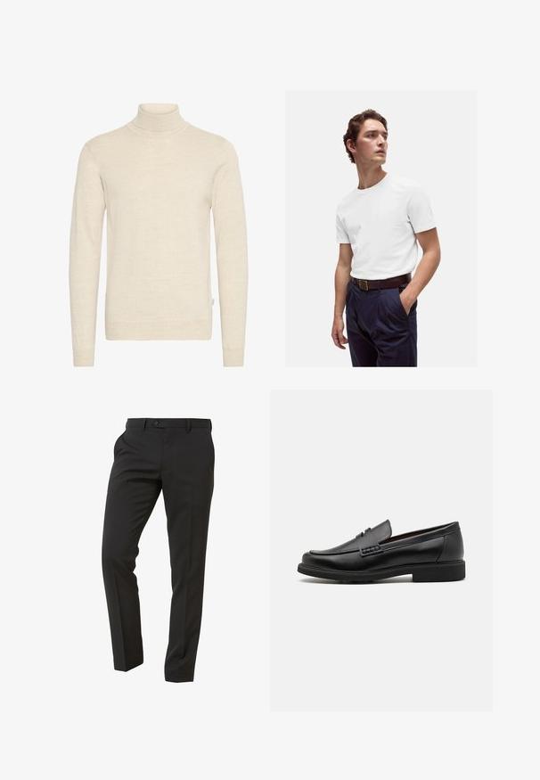 Beige rullekravesweater lavet af blødt strikket stof. Har lange ærmer og en tætsiddende design med ribkant ved halsudskæringen og ærmekanter.; Hvid bomulds T-shirt med rund halsudskæring, båret med marineblå plisserede bukser og et brunt læderbælte med en guldbuckle.; Next Trousers - Suit Trousers Slim Fit - Habitbukser - mottled black; Sorte syntetiske loafers med en fremtrædende syet front, polstret indersål og flad gummiydersål; slankt design med minimal detaljer.